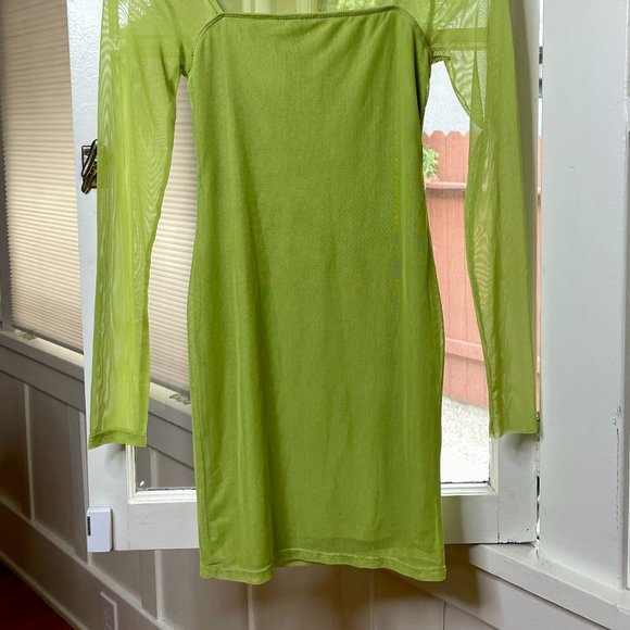 Slinky Lime Neon Green Mesh Long Sleeve Mini Dress - Picture 3 of 7